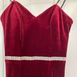 Strapless Red Velvet Dress with Silver Accents